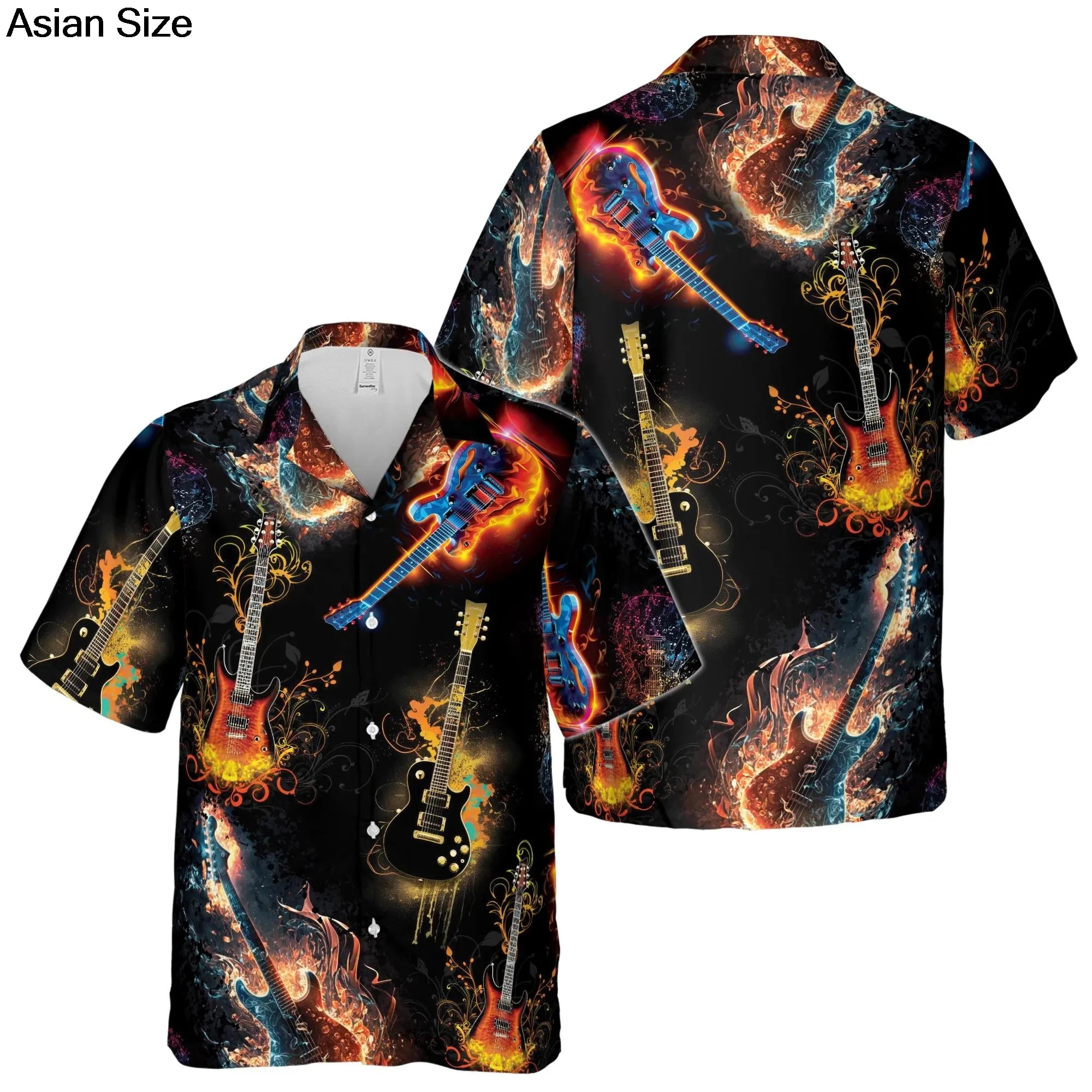 2025 Guitar Hawaiian Shirt Men Women Clothes Retro Electric Rock Animal Funny Musician Aloha Short Sleeve Hip Hop Button Blouses