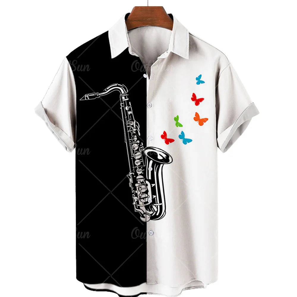 Hawaiian Shirt With Musical Guitar Print For Men, Party Short Sleeve Beach, Hip Hop, Harajuku, Large Size Top