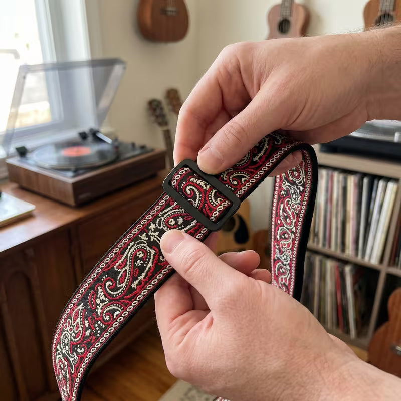 Vintage Paisley Guitar Strap with Black Leather Ends