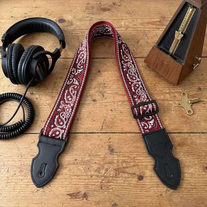 Vintage Paisley Guitar Strap with Black Leather Ends