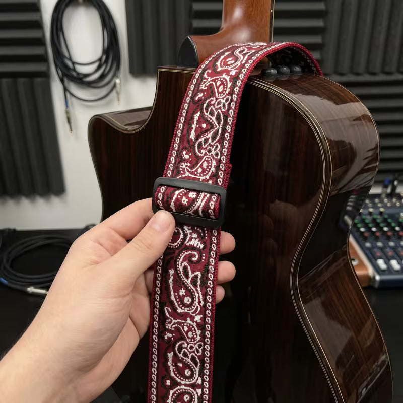 Vintage Paisley Guitar Strap with Black Leather Ends