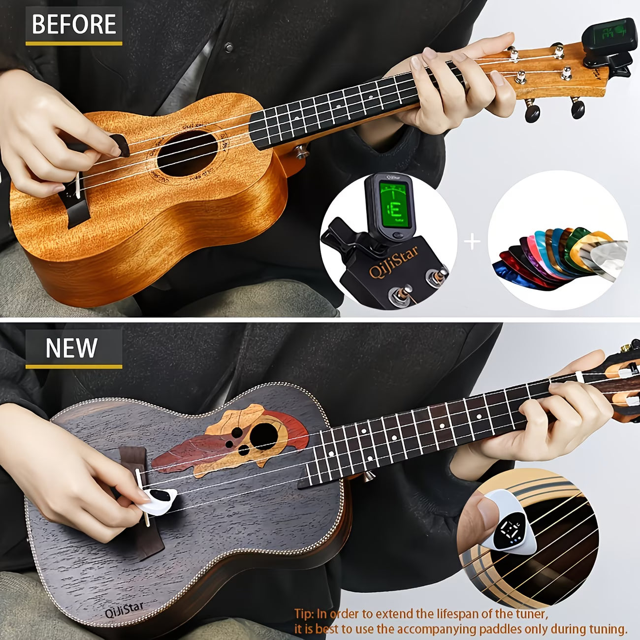 2-in-1 Guitar Pick Tuner – Portable Pick-Shaped Tuner for Guitar, Bass & Ukulele