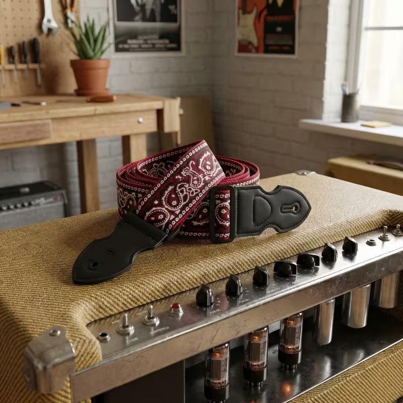 Vintage Paisley Guitar Strap with Black Leather Ends