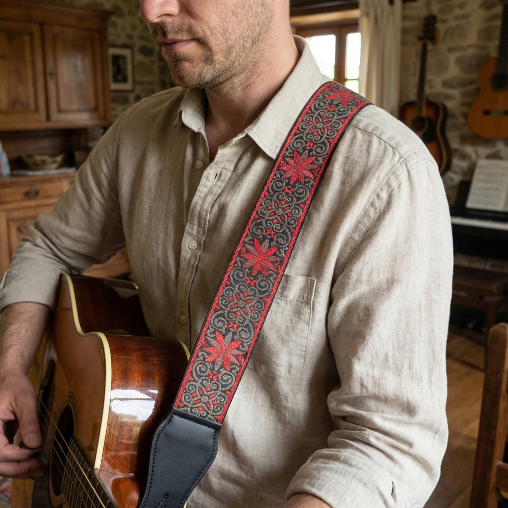Red Floral Guitar Strap