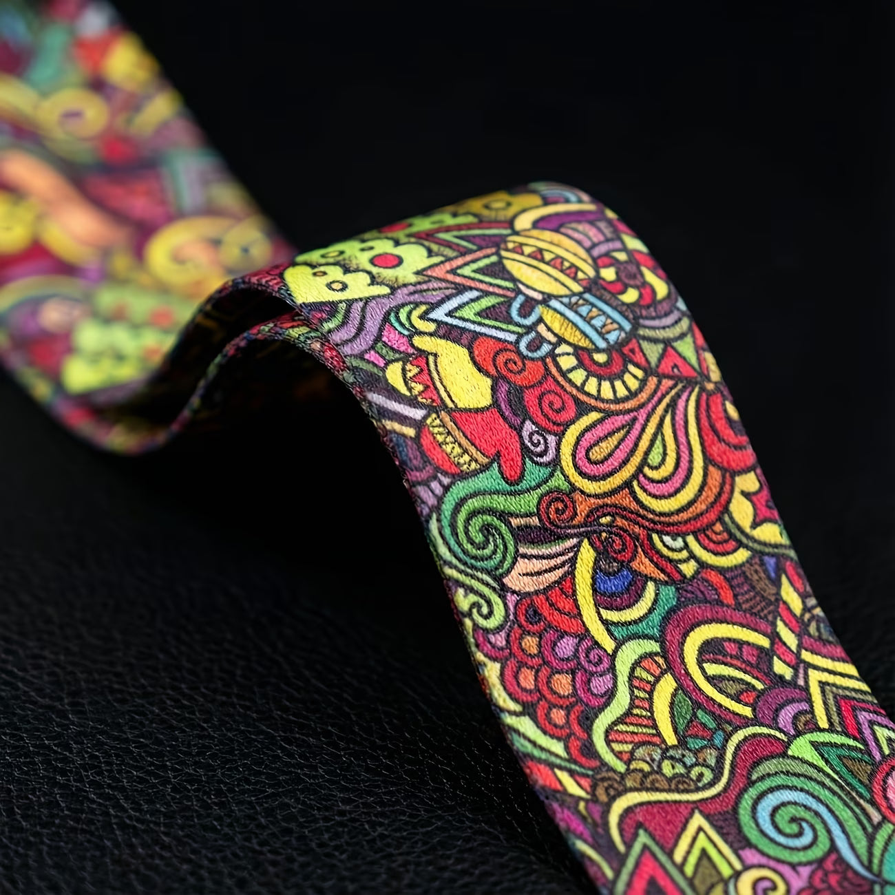 Psychedelic Color Guitar Strap with Black Leather Ends