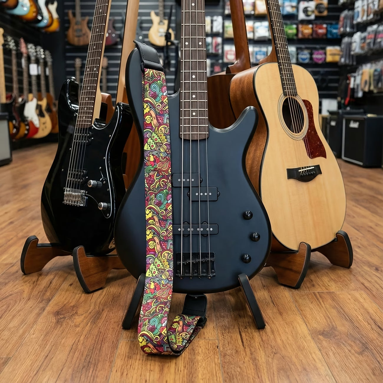 Psychedelic Color Guitar Strap with Black Leather Ends