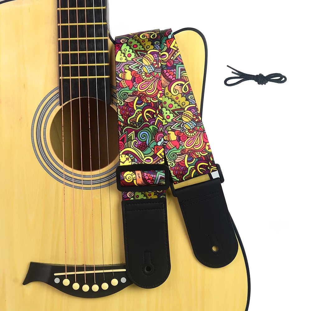 Psychedelic Color Guitar Strap with Black Leather Ends
