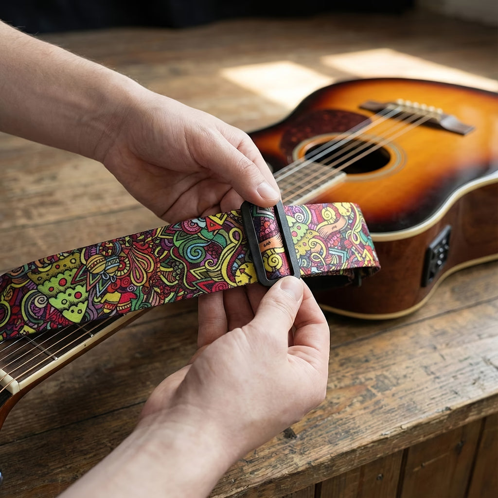 Psychedelic Color Guitar Strap with Black Leather Ends