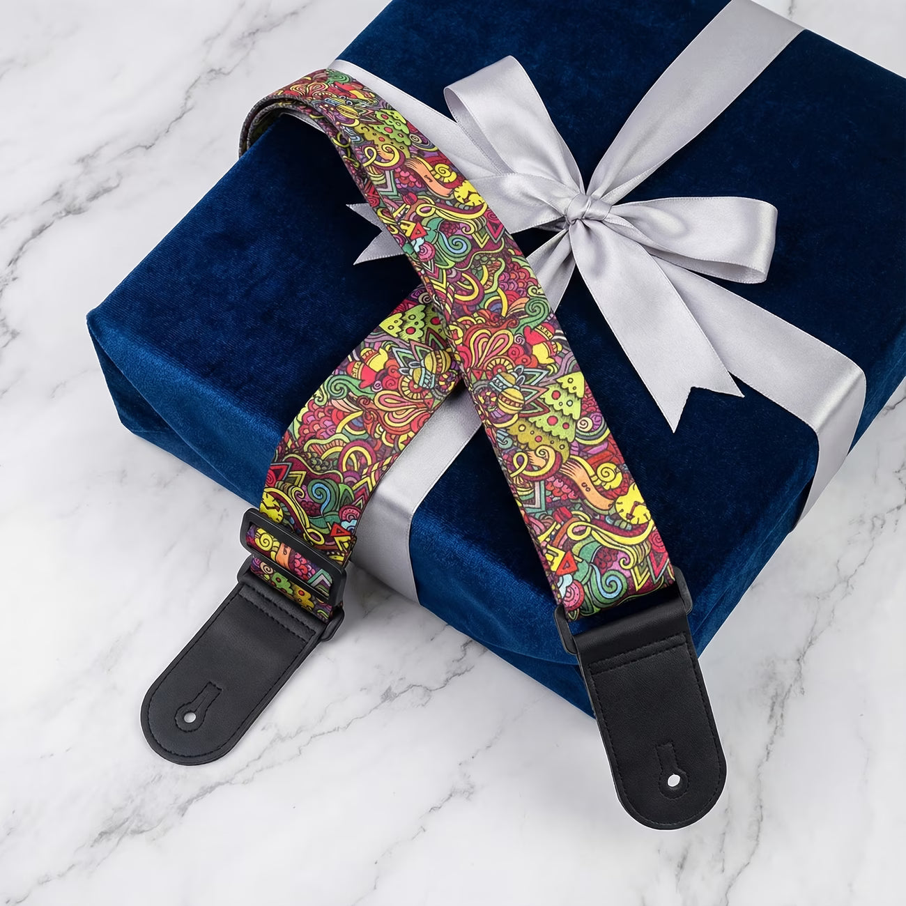 Psychedelic Color Guitar Strap with Black Leather Ends