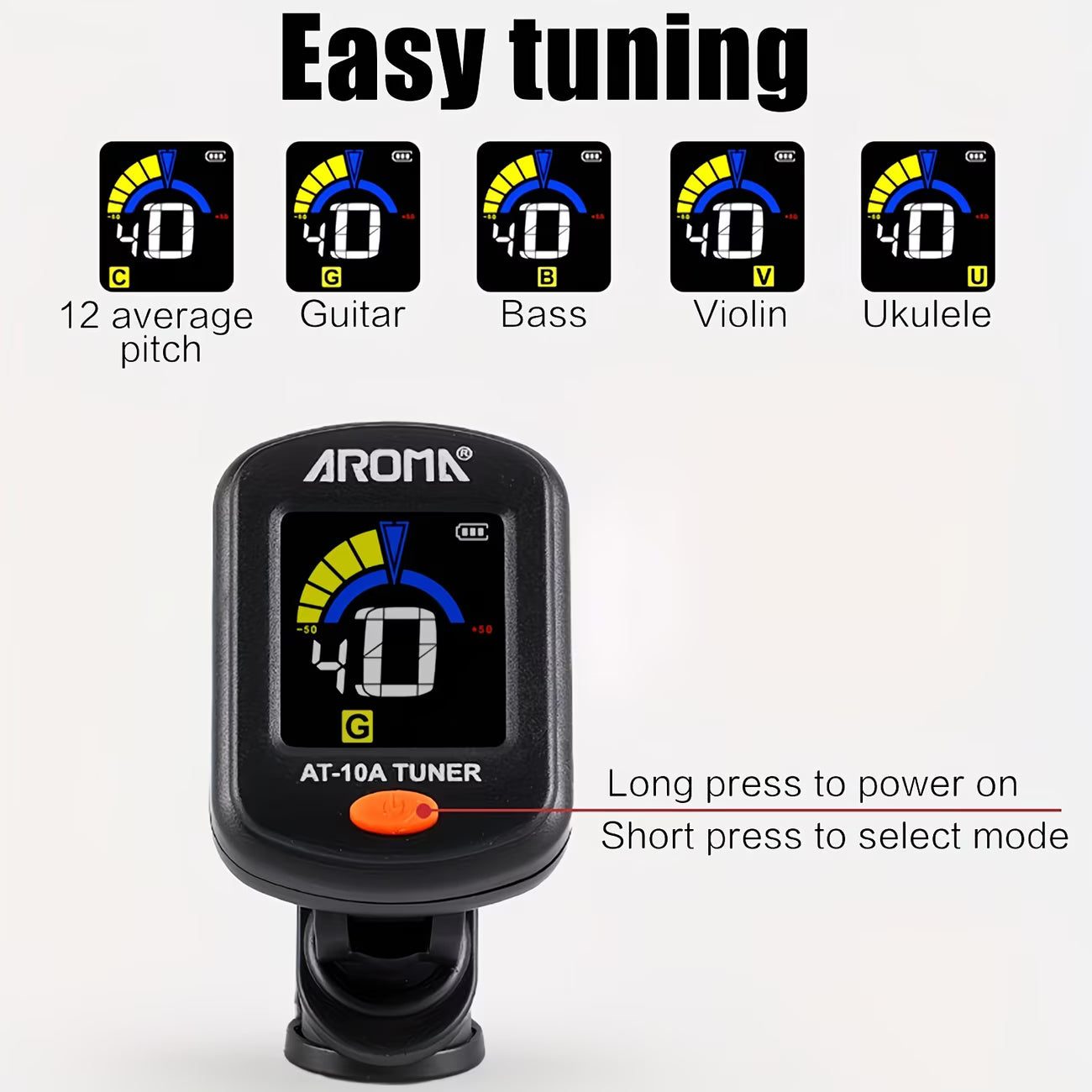 Rechargeable Clip-On Guitar Tuner – Color Display Tuner for Guitar, Bass, Ukulele & Violin